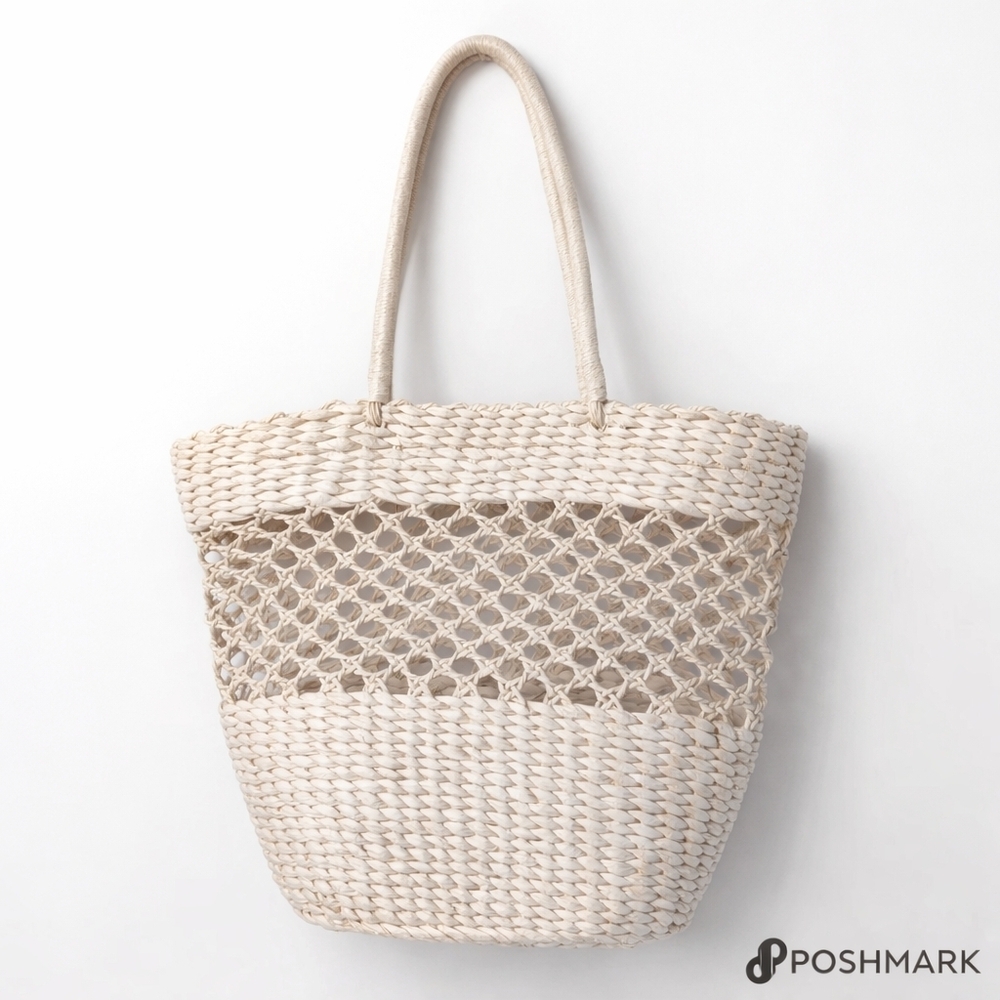 Large Woven Paper Raffia Straw Tote  Natural Boho Beach Market Shoulder Bag